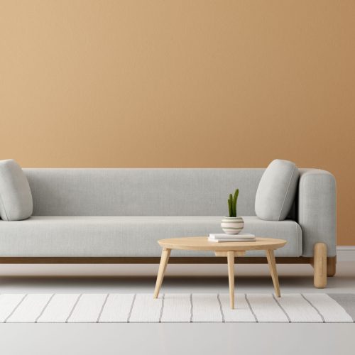 Gray sofa in brown living room interior with copy space for mock up, 3D rendering